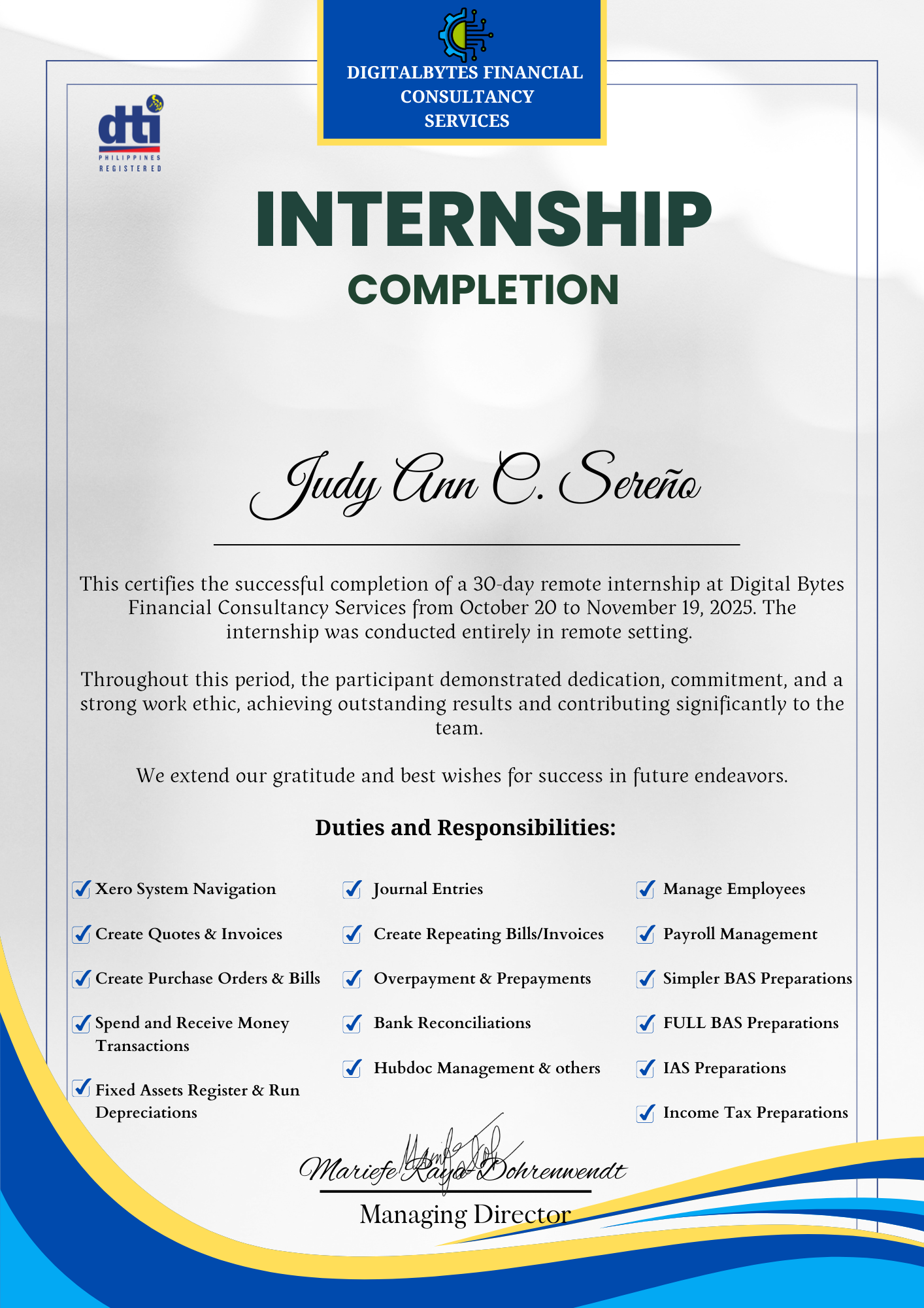 Xero Intern Certificate