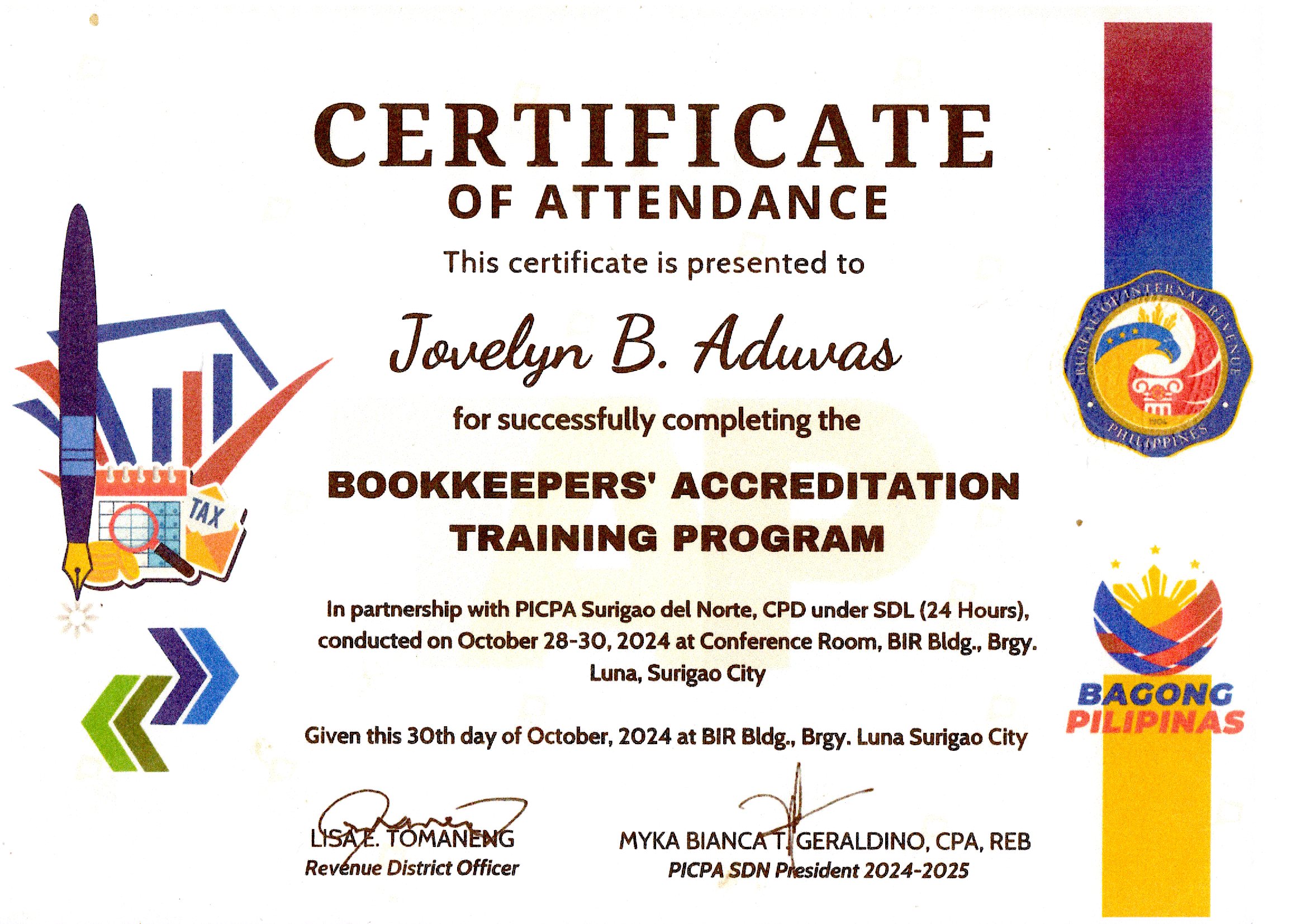 Bookkeepers' Accreditation Training Certificate