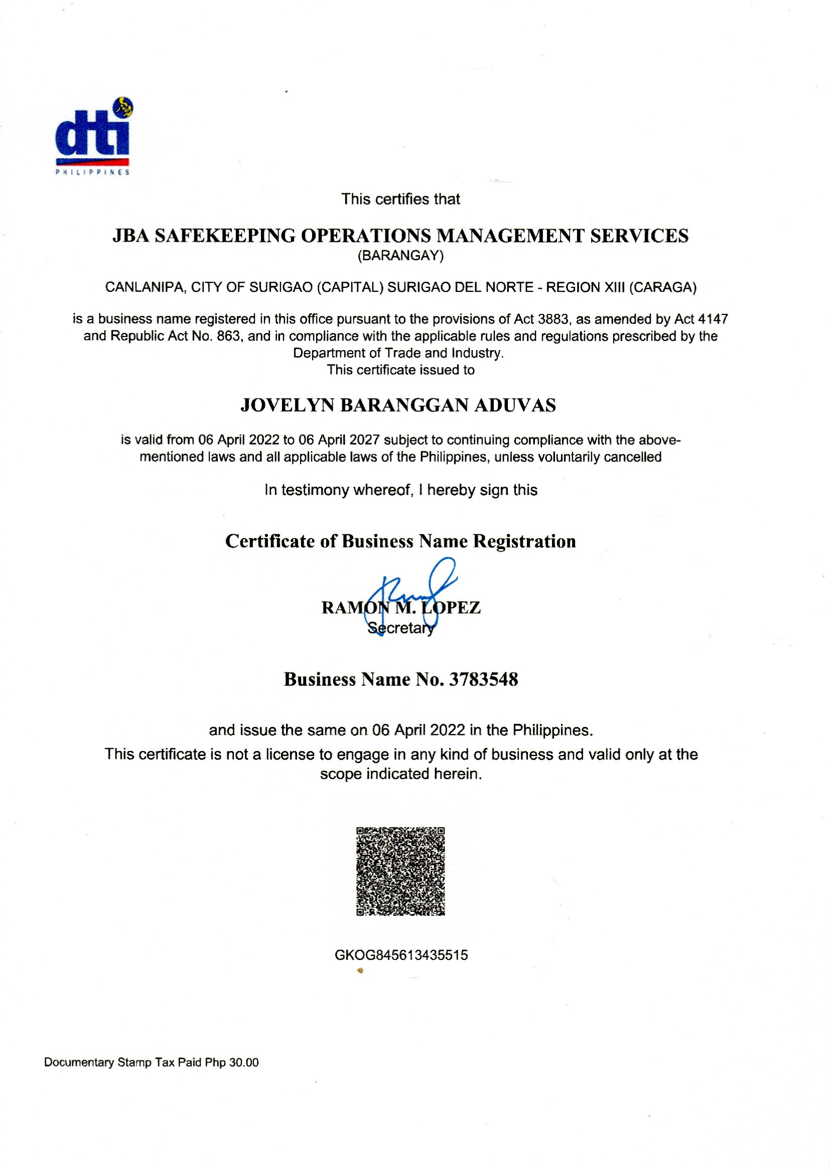 DTI Certificate