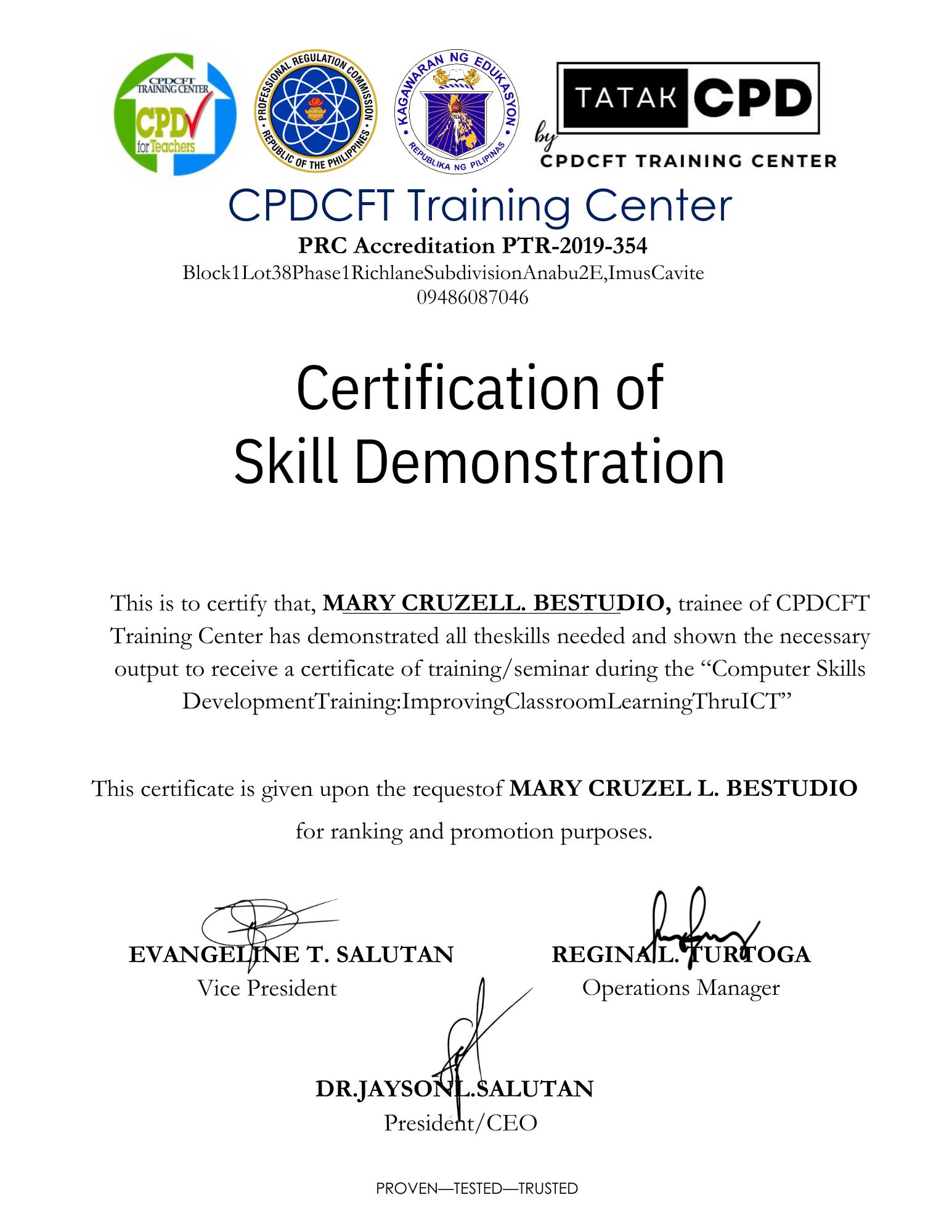 CPDCFT TRAINING CERTIFICATE
