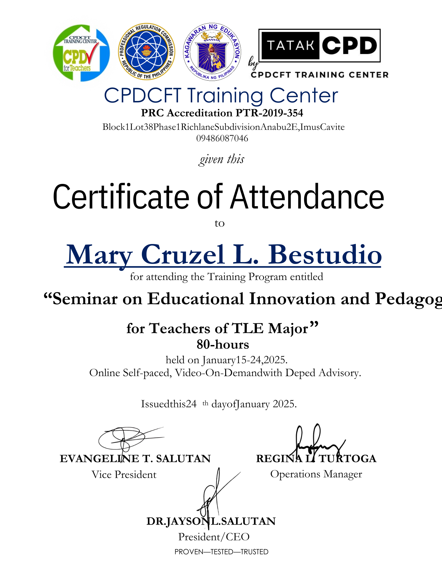 CPDCFT TRAINING CERTIFICATE