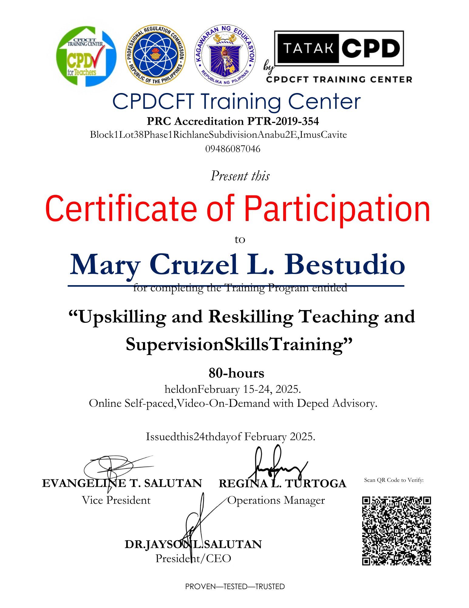 CPDCFT TRAINING CERTIFICATE