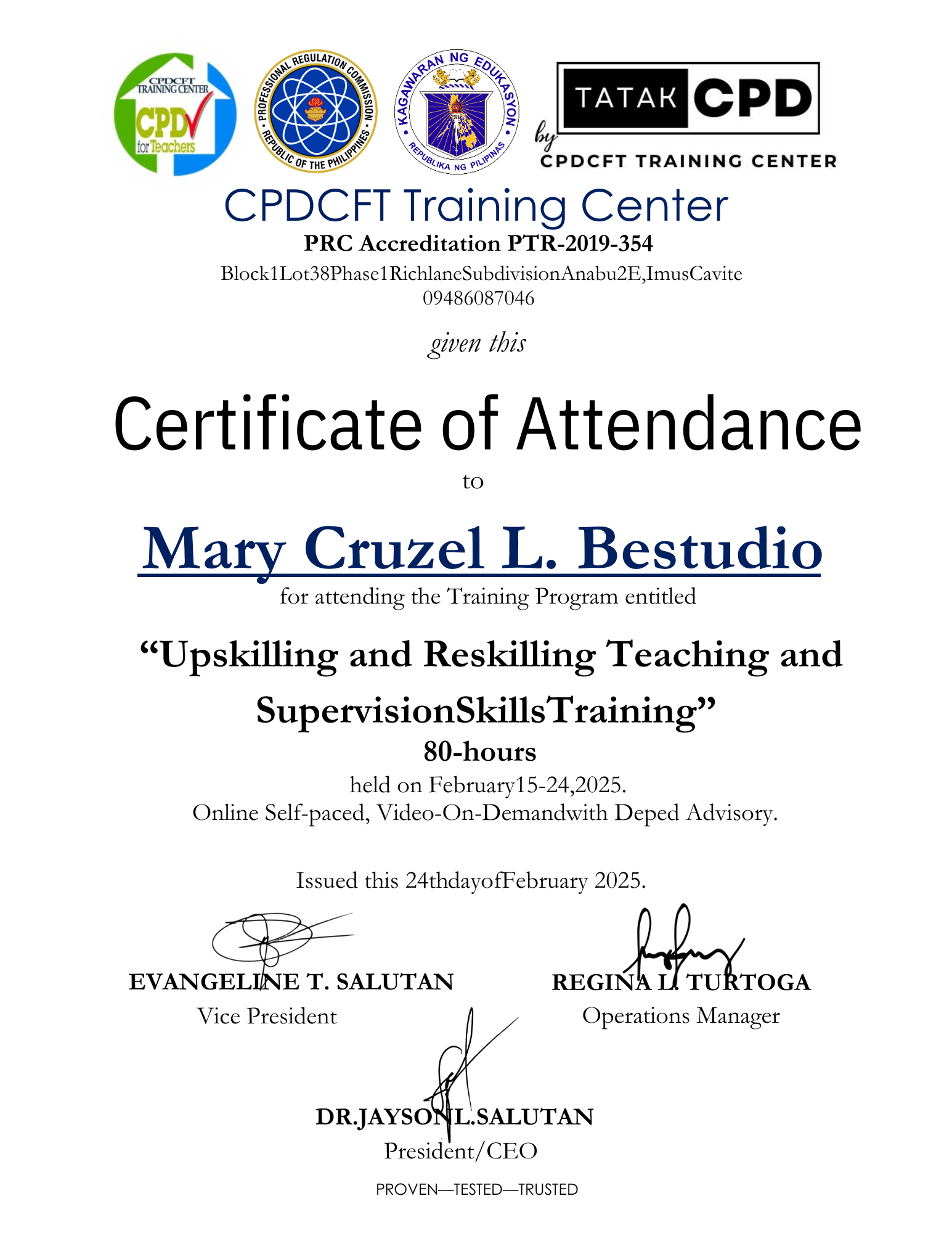 CPDCFT TRAINING CERTIFICATE