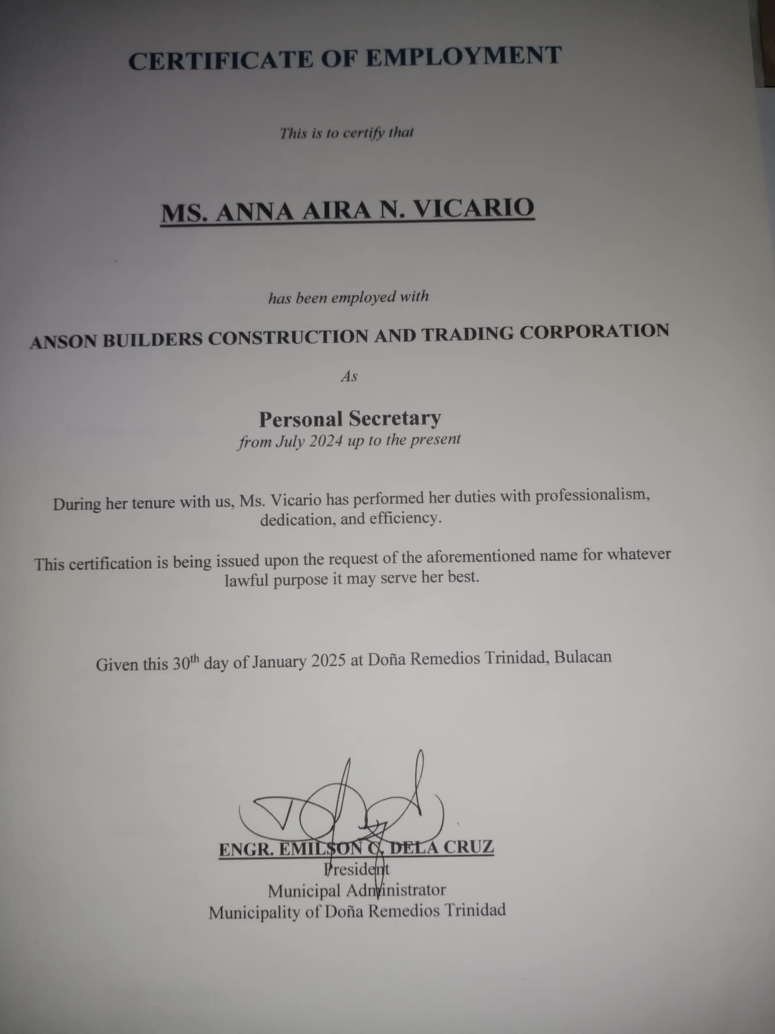 Employment Certificate