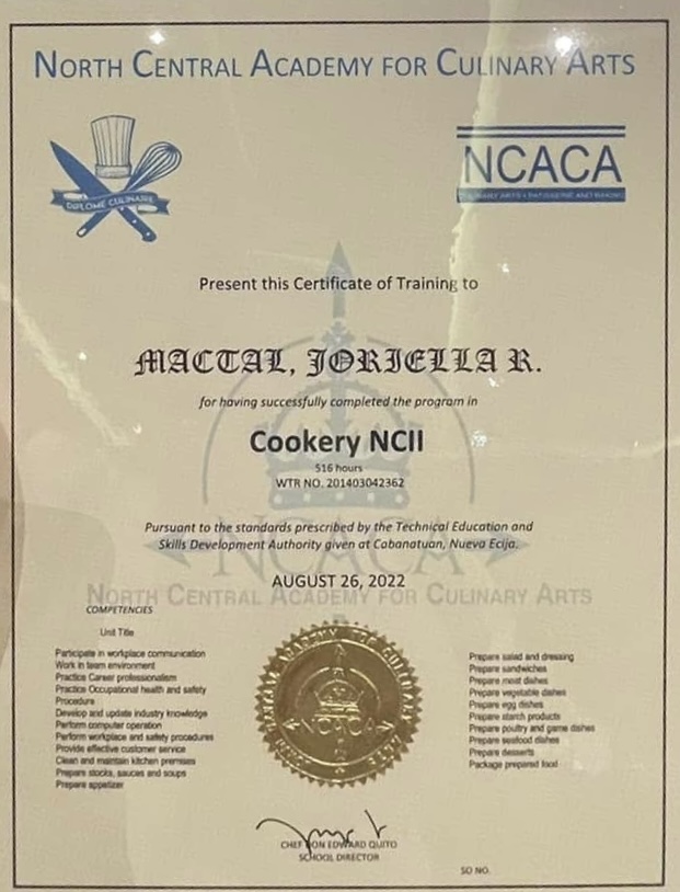 516 HOURS COOKERY NCII TRAINING