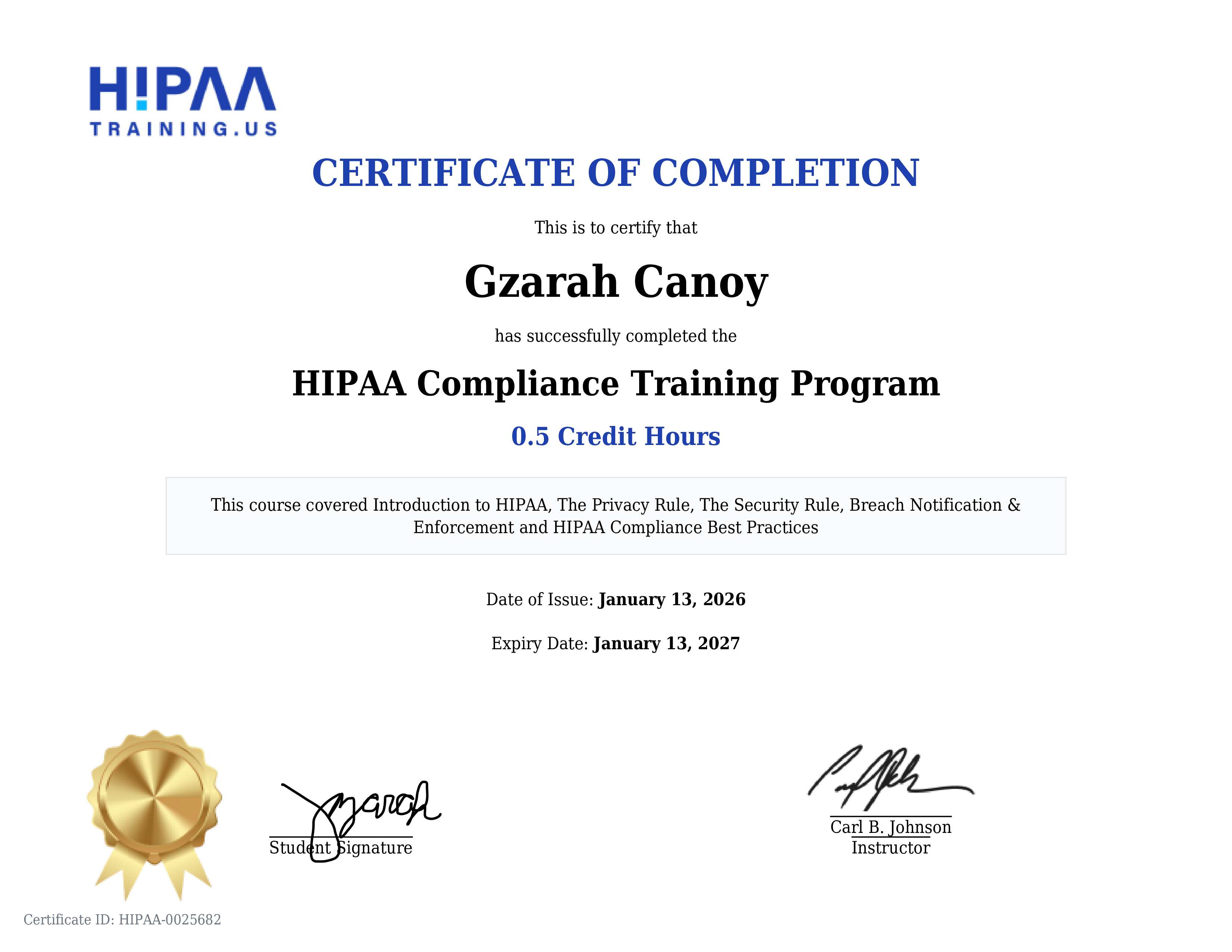 HIPAA Certificate