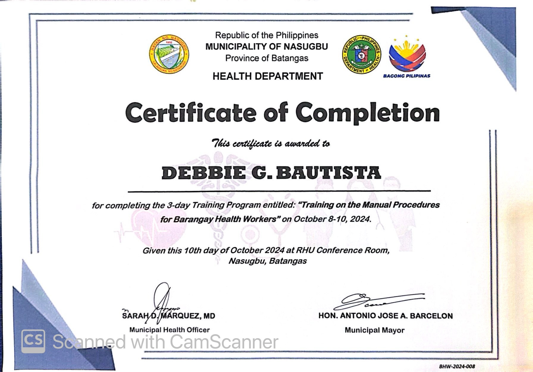 Training on the Manual Procedures for Barangay Health Workers