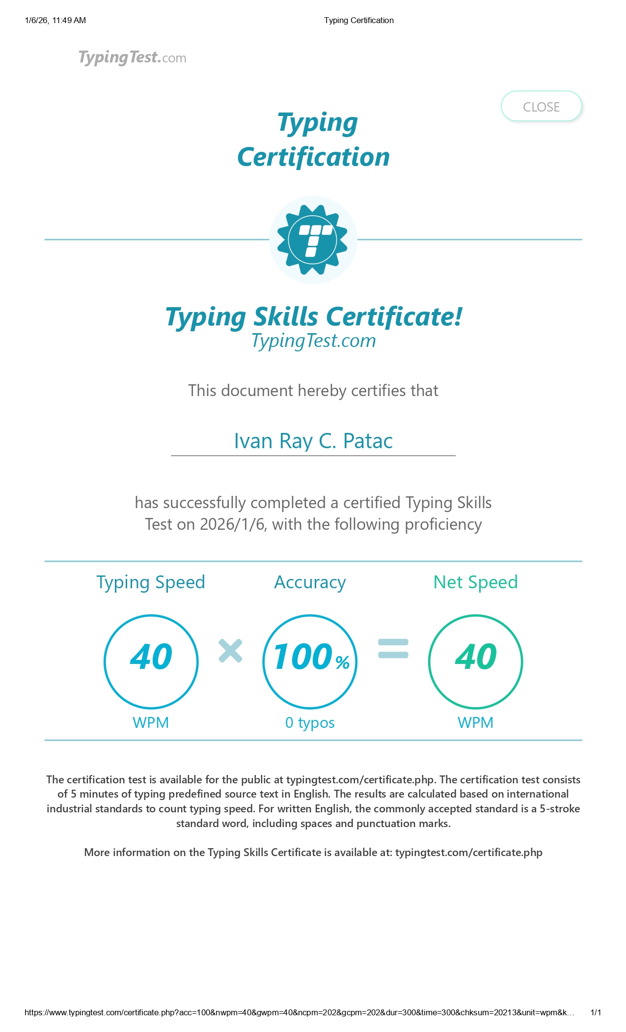 Typing Certificate