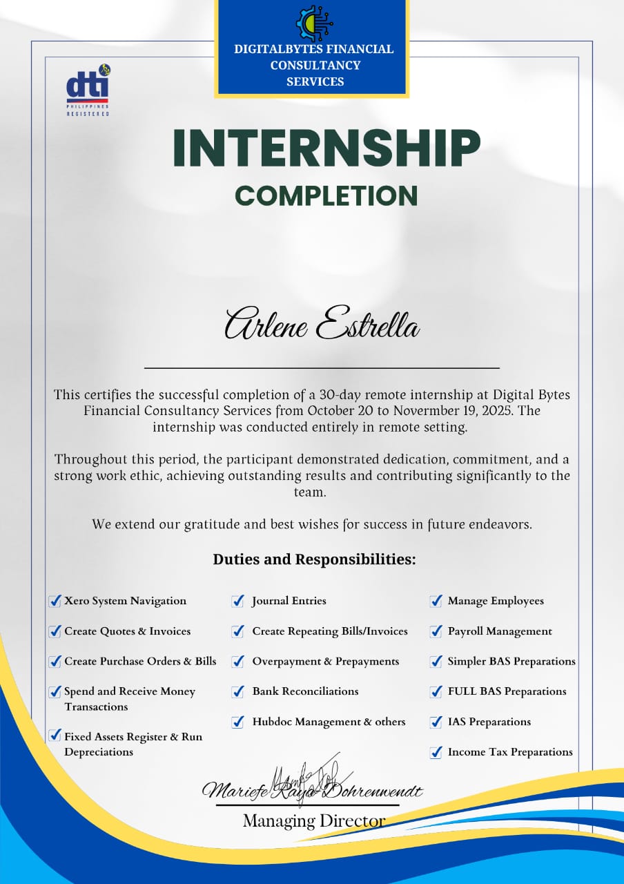 Internship Completion – Accounting and Operations (Xero) Digital Bytes  Services