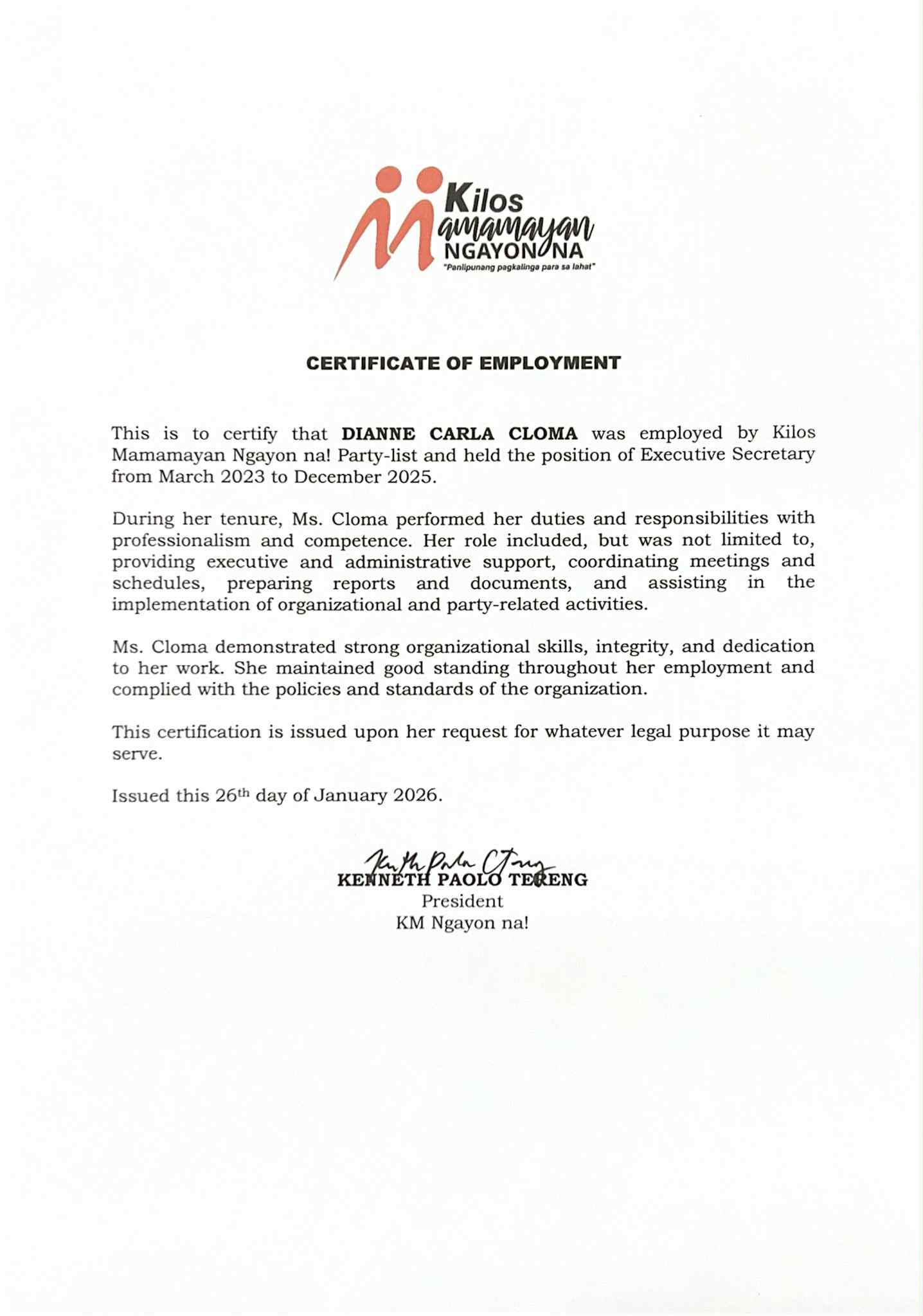 KM Employment Certificate