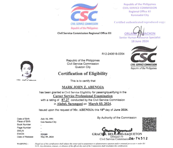 Certificate of Eligibility