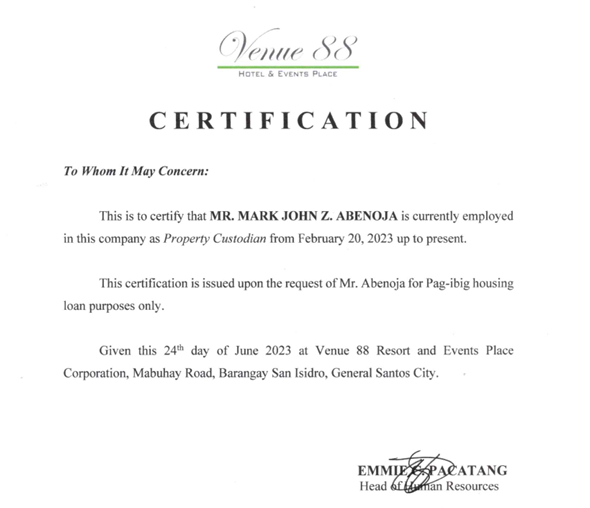 Employment Certificate 1