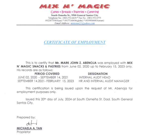 Employment Certificate 2