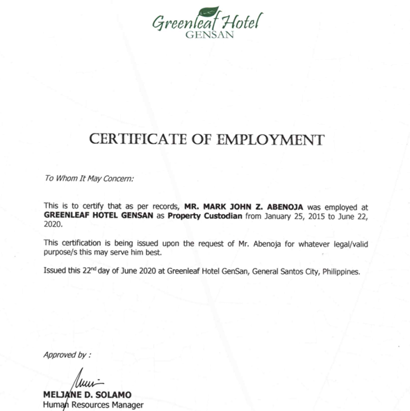 Employment Certificate 3