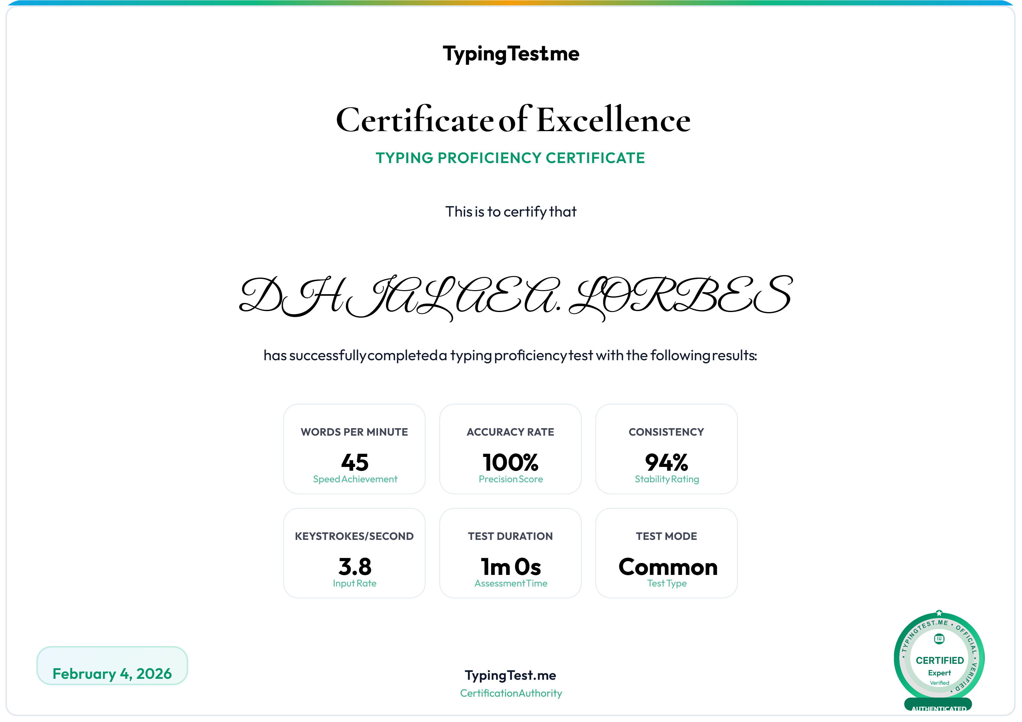 TYPING TEST CERTIFICATE