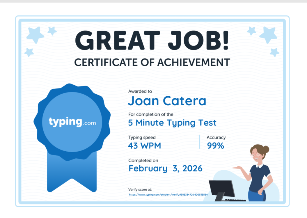 Typing Speed & Accuracy Test Certificate (43 WPM, 99% Accuracy)