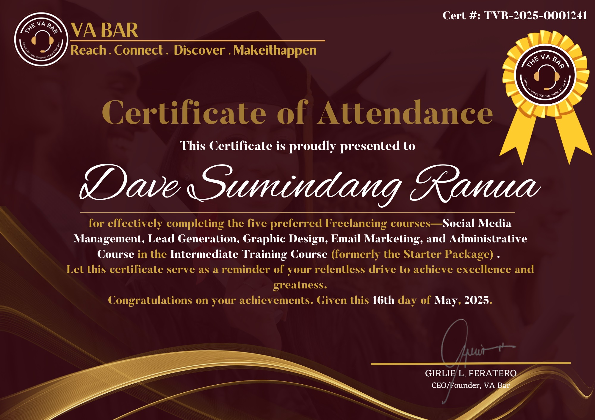 Certificate of Attendance VA BAR 5 Courses