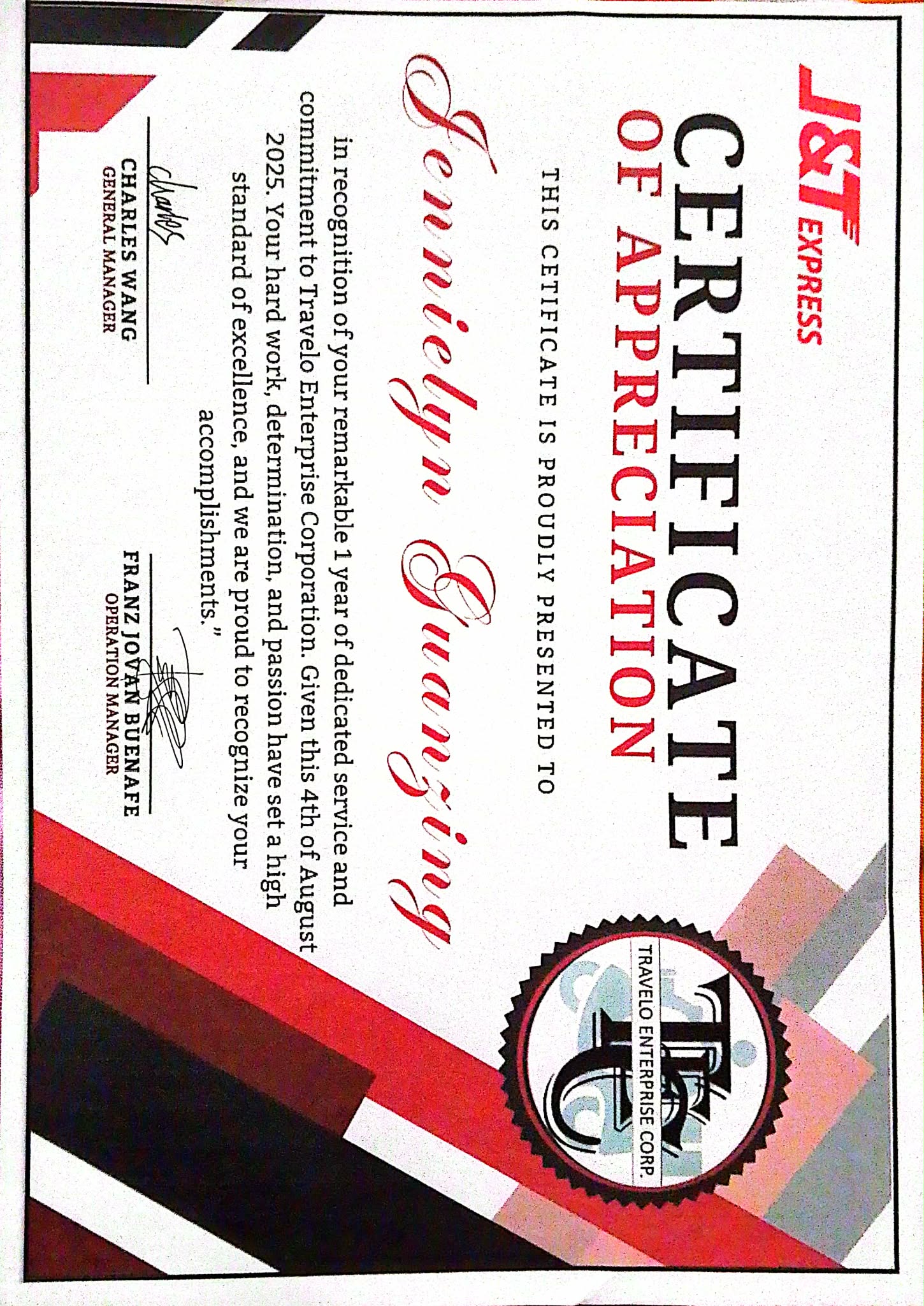 Certificate of Appreciation