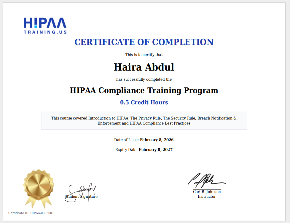 HIPAA Training Certificate