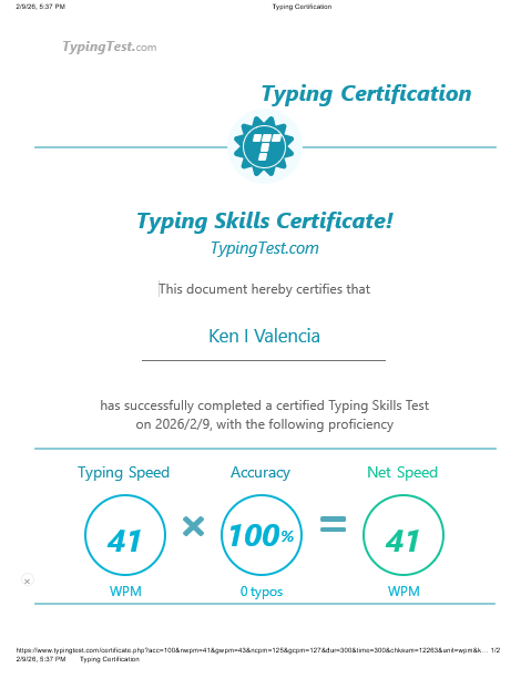 Typing Skills Certificate