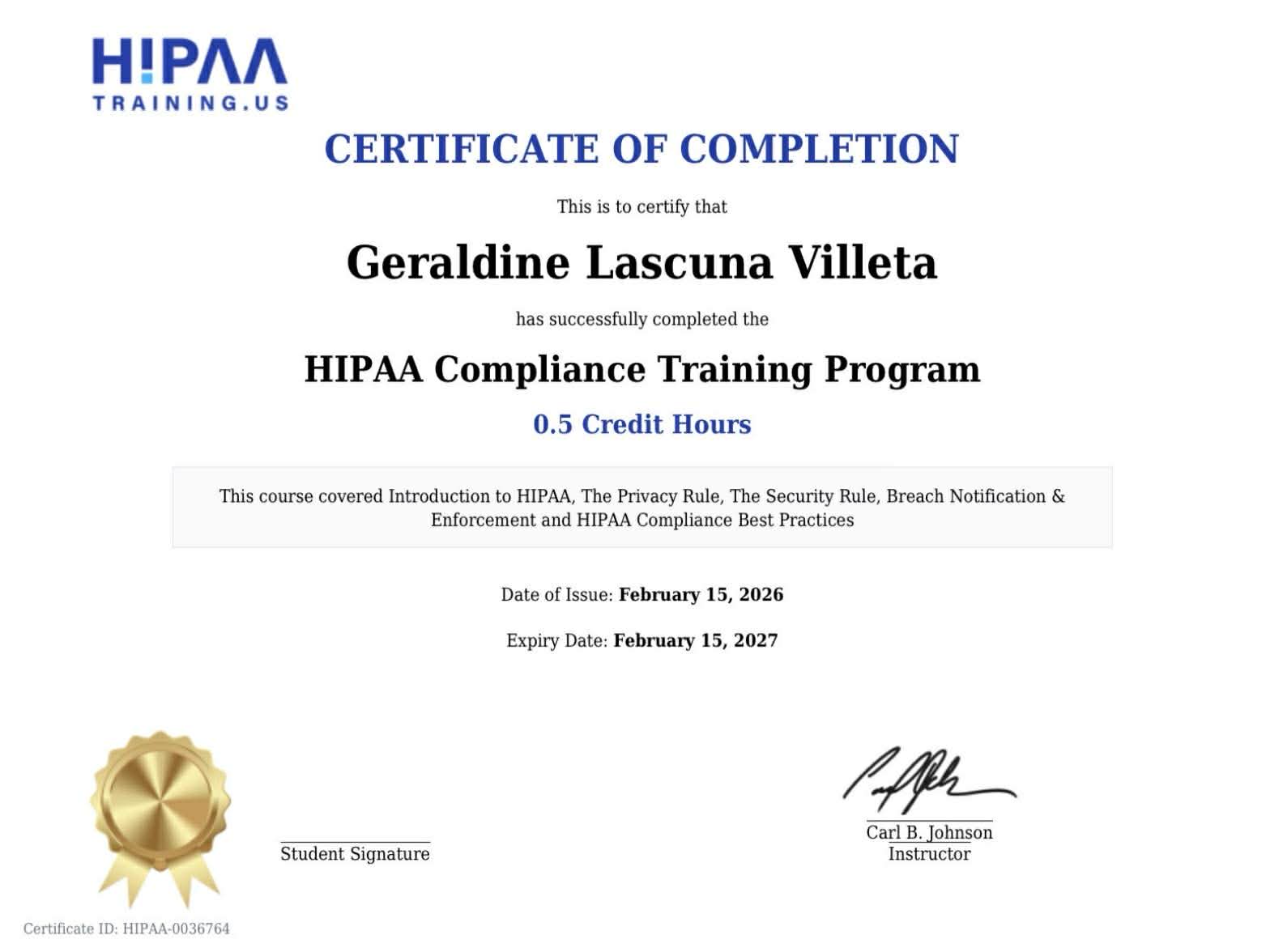 HIPAA CERTIFICATE