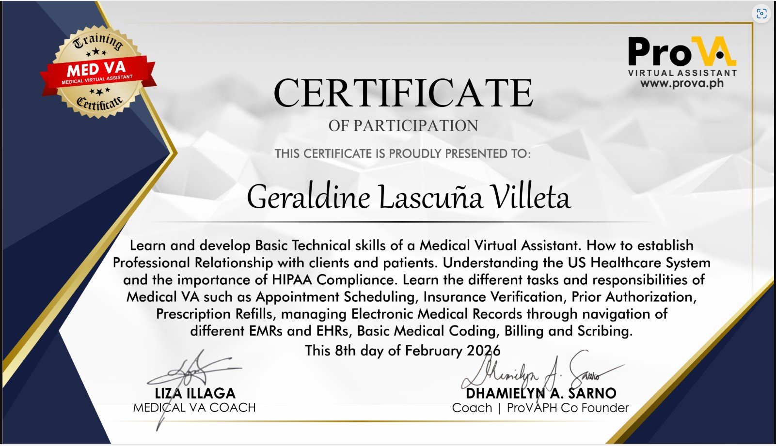 CERTIFIED MEDVA TRAINING CERTIFICATE