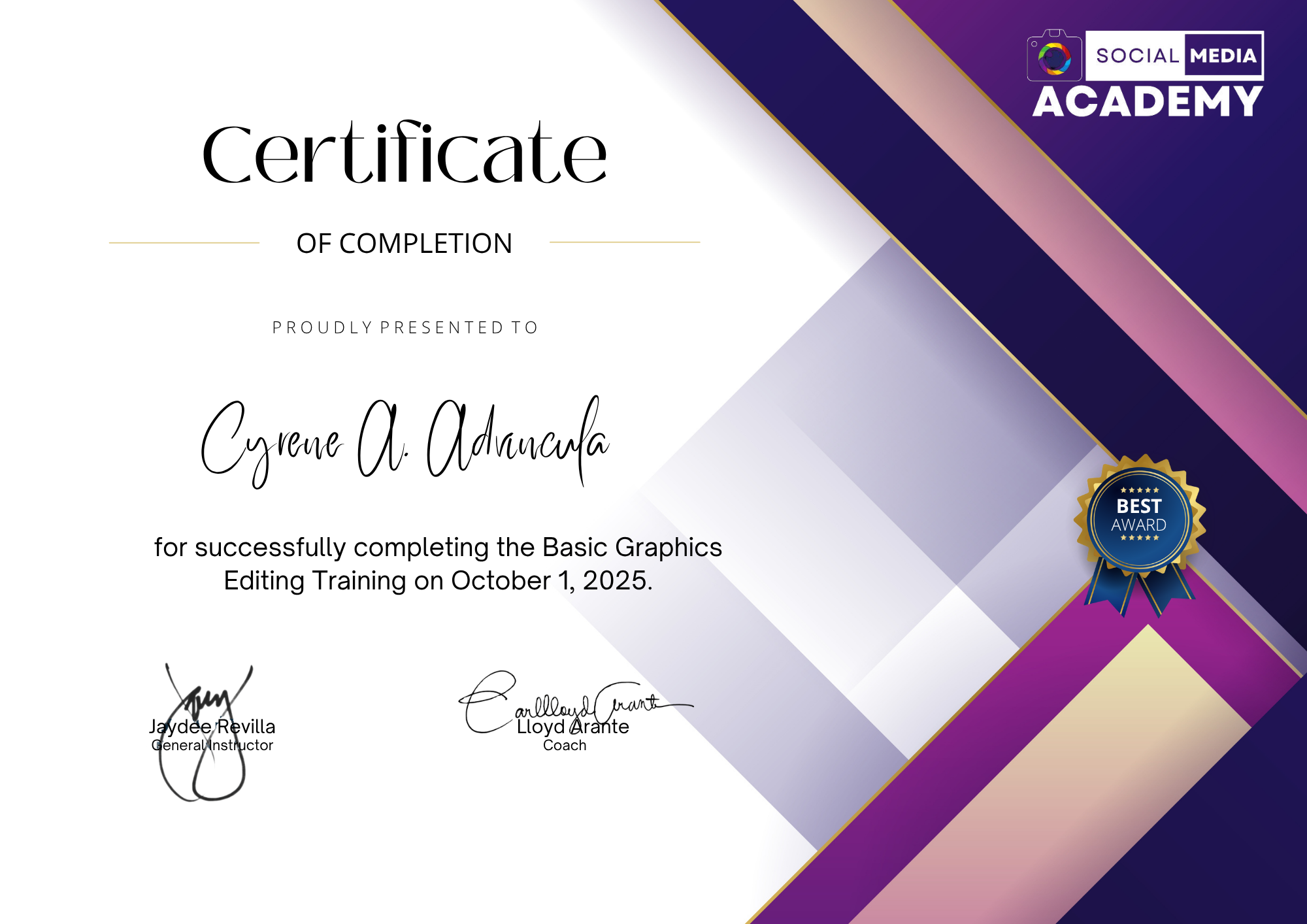 Certificate of Completion in Basic Graphics Editing Training