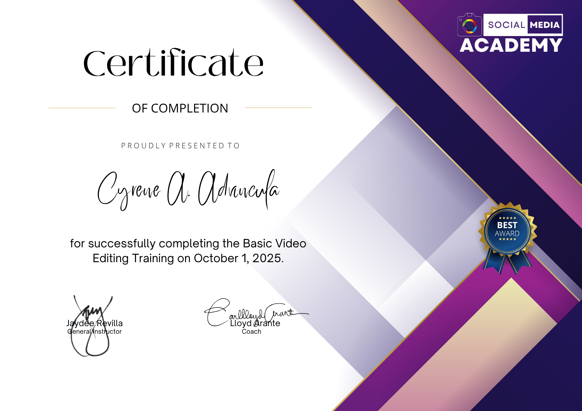 Certificate of Completion in Basic Video Editing Training
