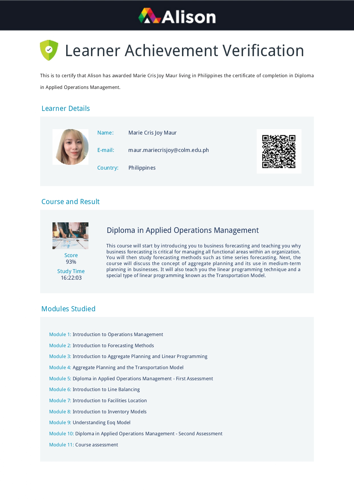 Certificate in Applied Operations Management