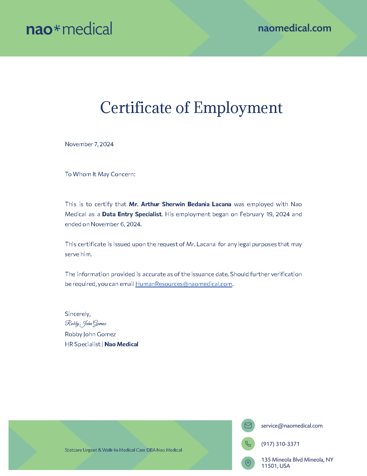 Certificate of Employment
