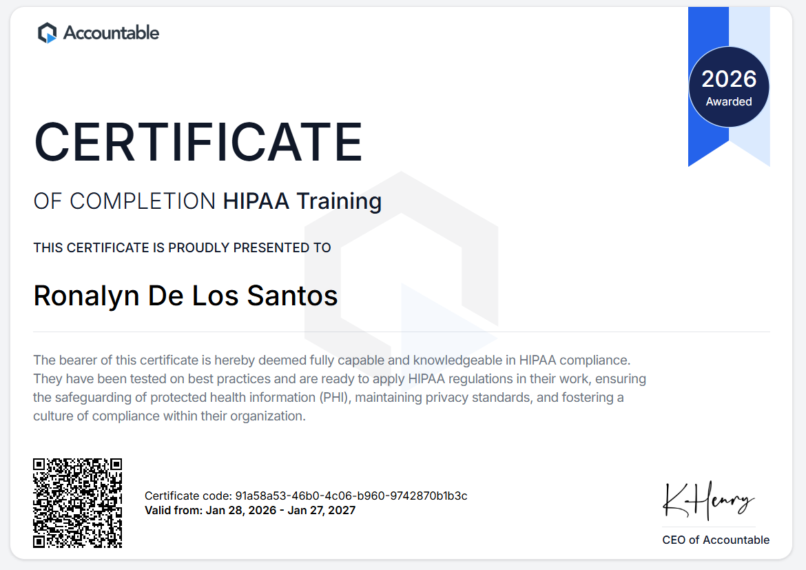 HIPAA Certificate 2026 - Ronalyn