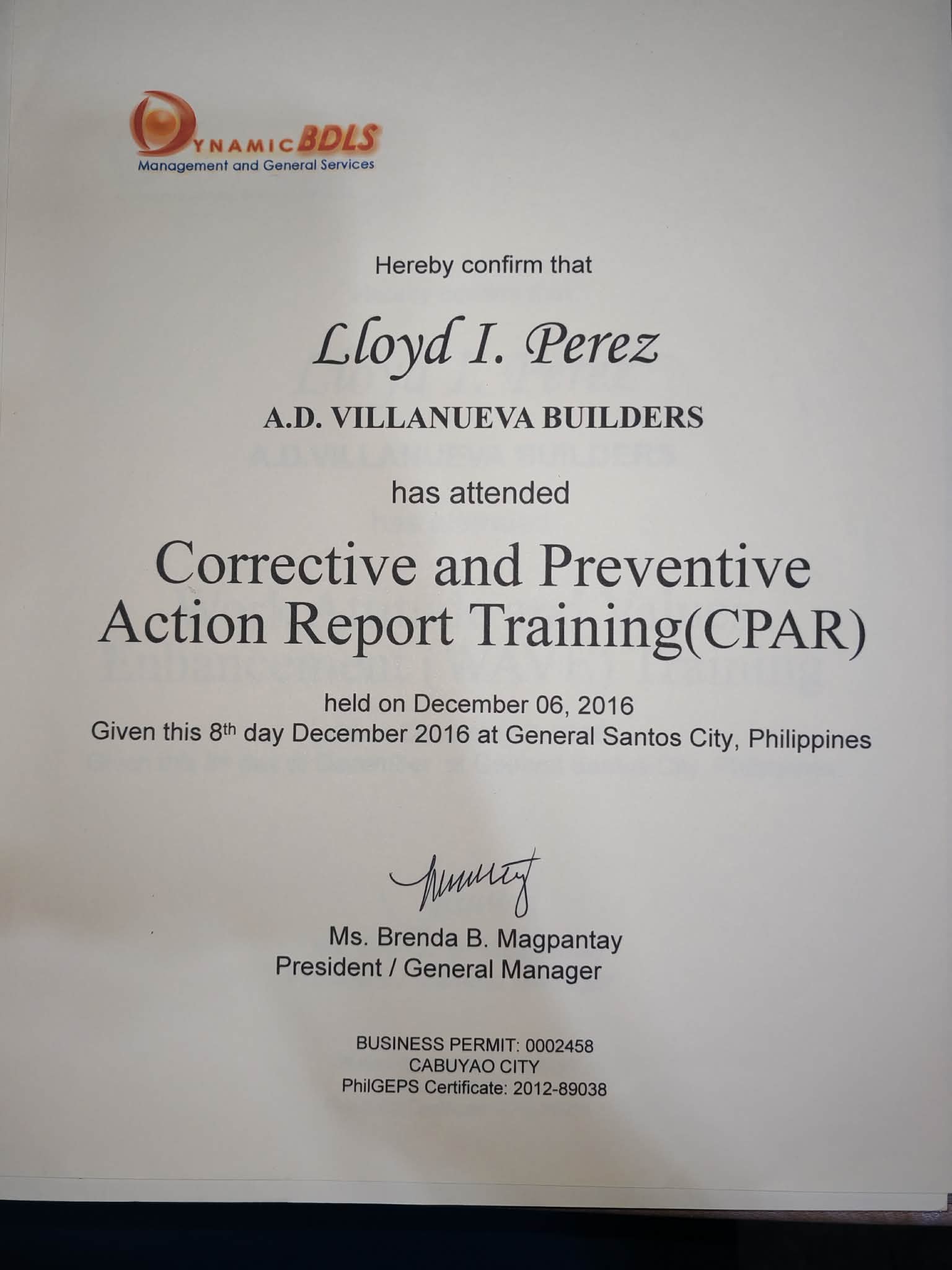 CPAR Certificate