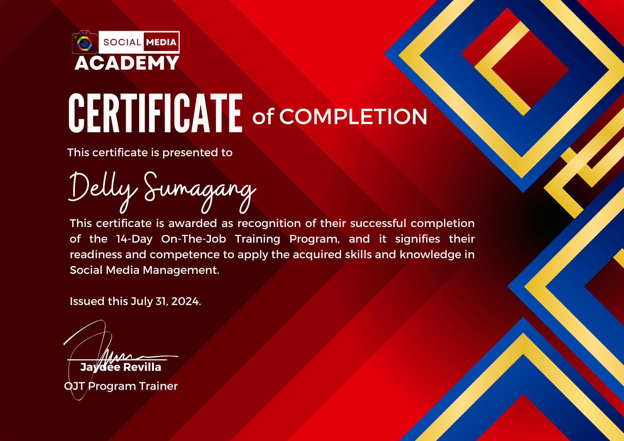 Certificate in Completion OJT