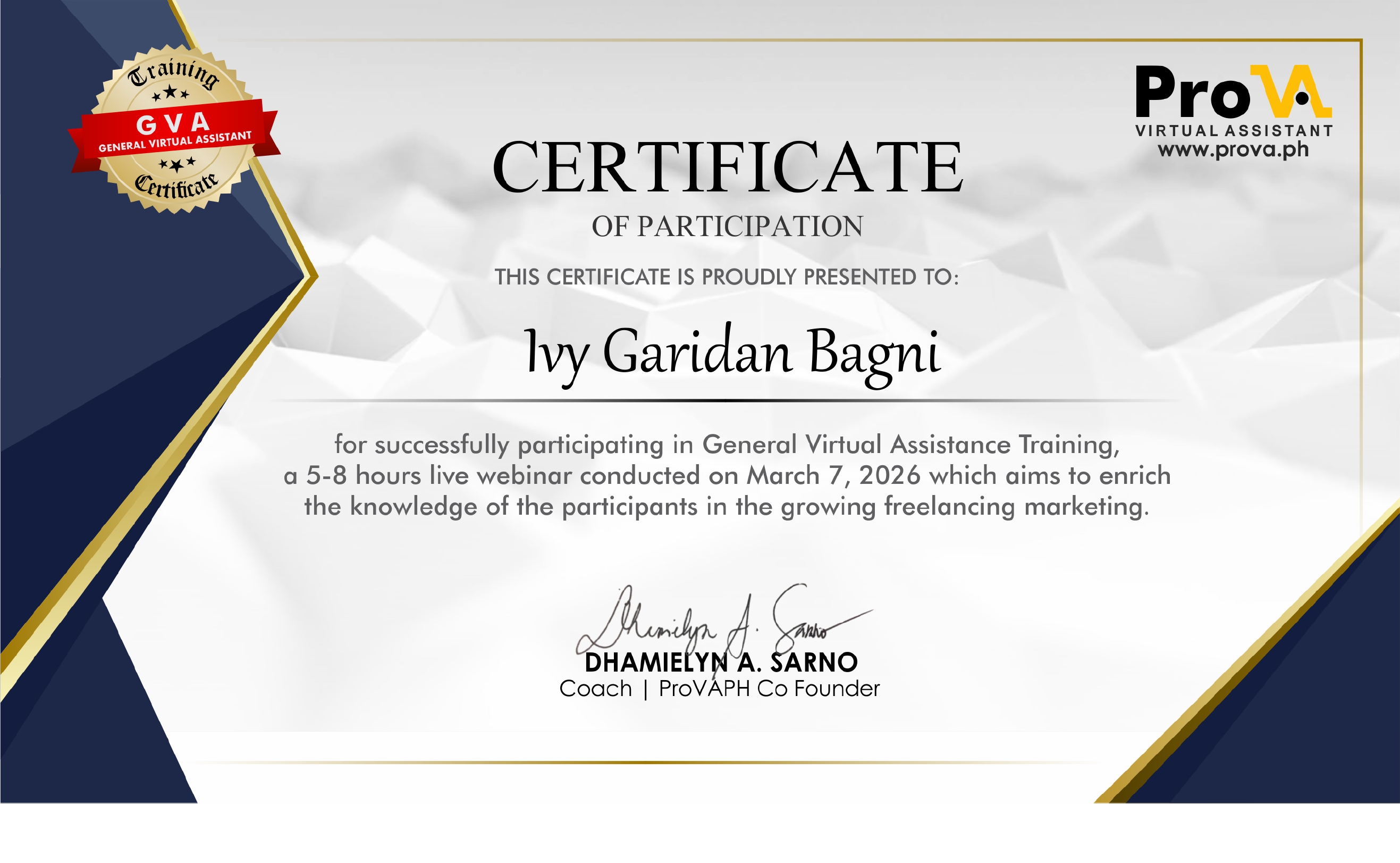 General Virtual Assistant Training Cetificate