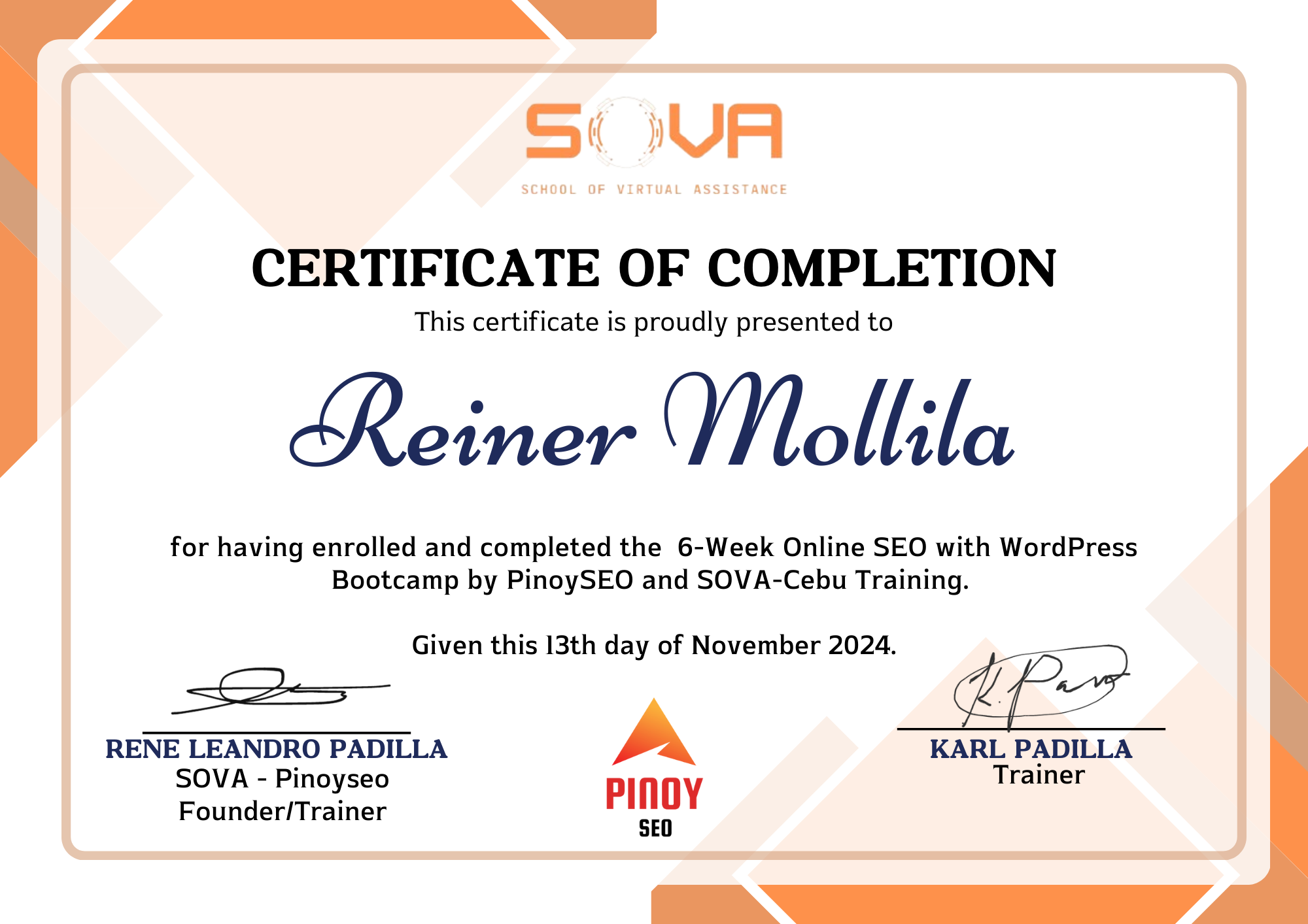 SEO with WordPress Certificate (SOVA) -Reiner Mollila