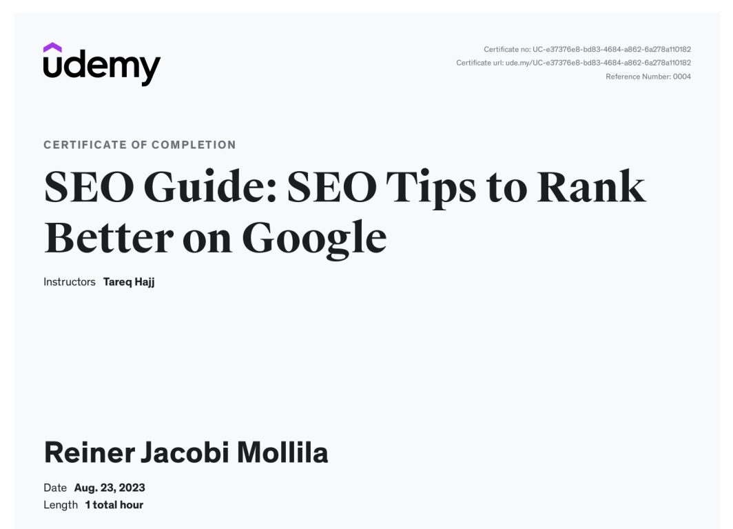 SEO Tips to Rank Better on Google - Udemy Certificate