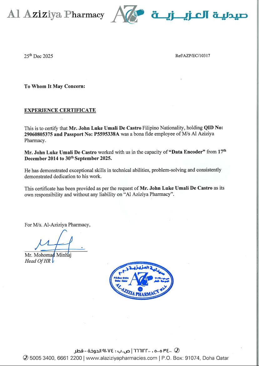 Certificate of employment as Data Encoder