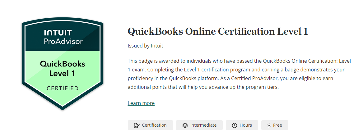 QuickBooks Pro Advisor Certificate Level 1