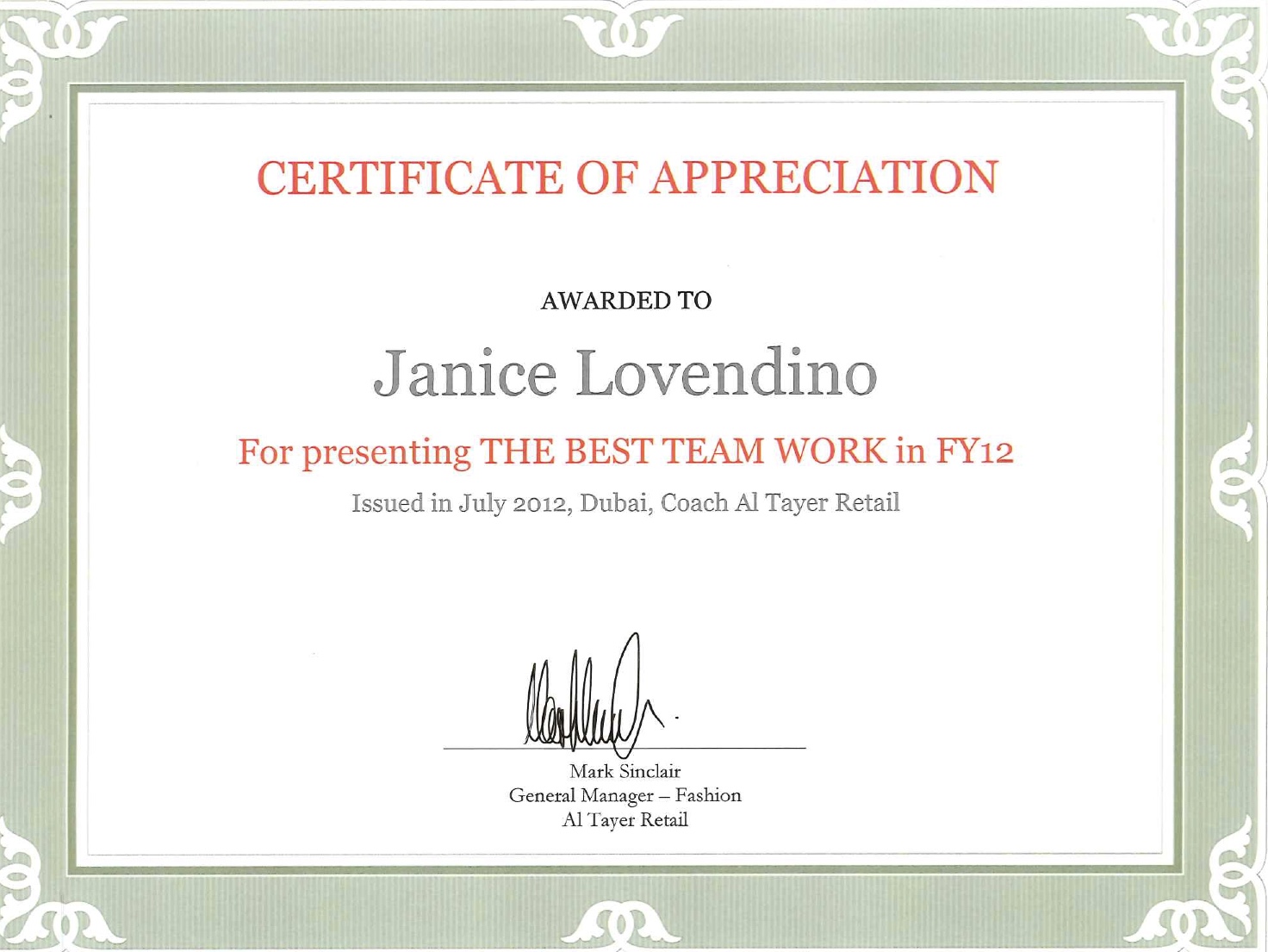 Best Team Work Certificate in Fashion Retail Industry