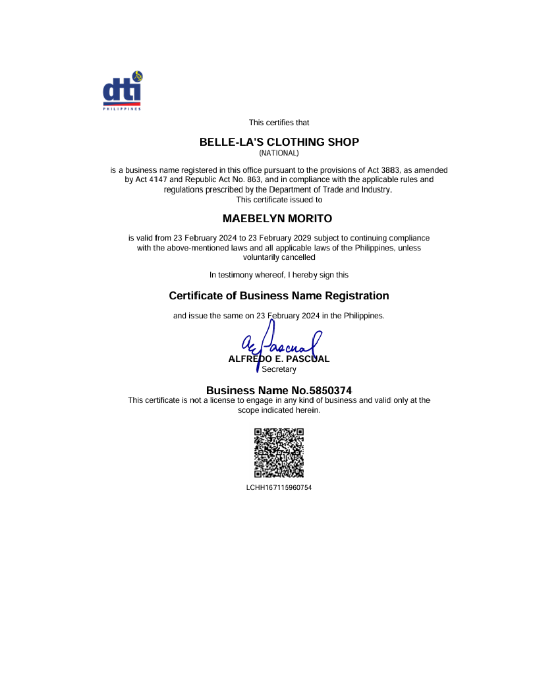 DTI Certificate