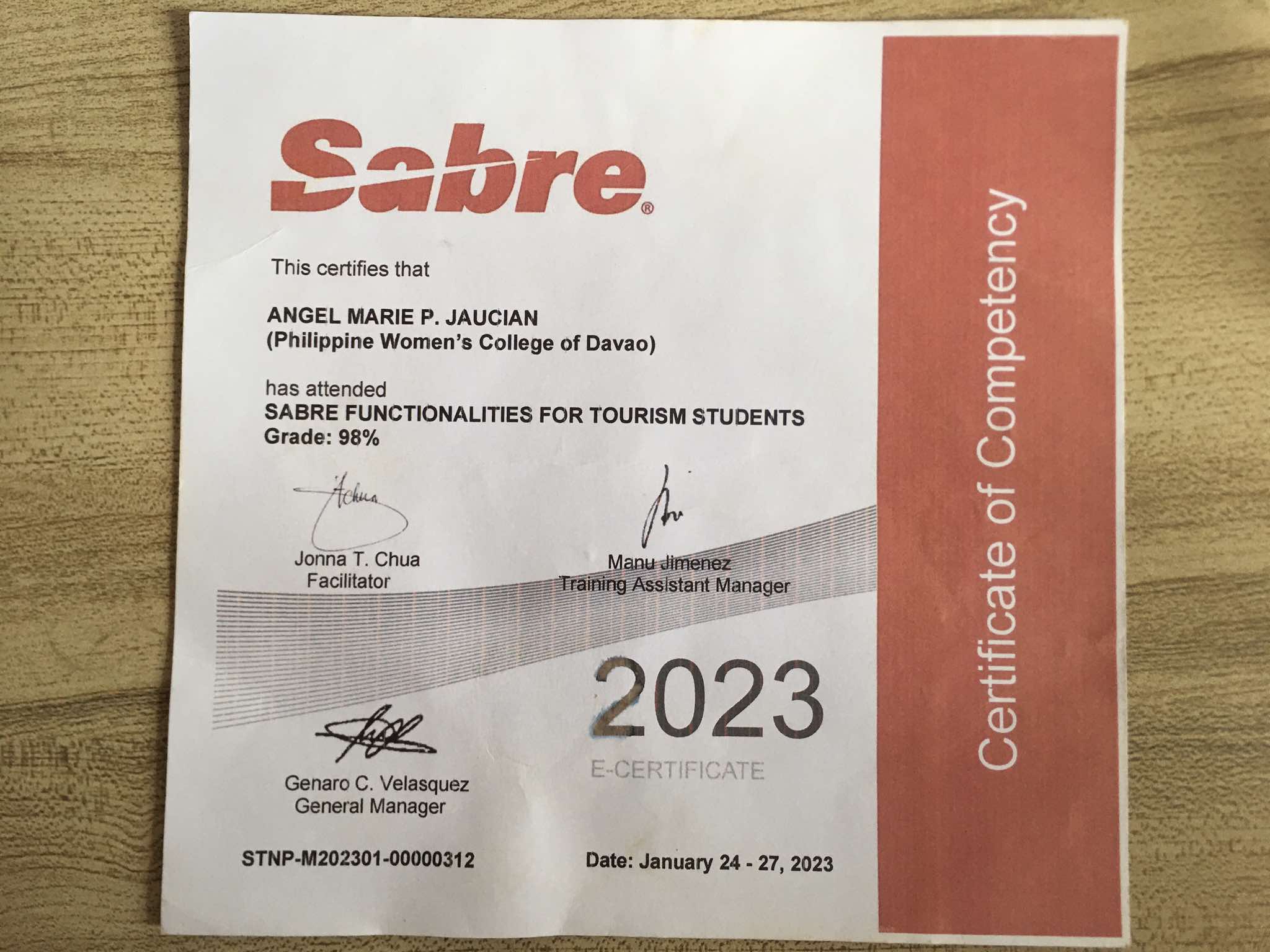 Sabre Training Certificate