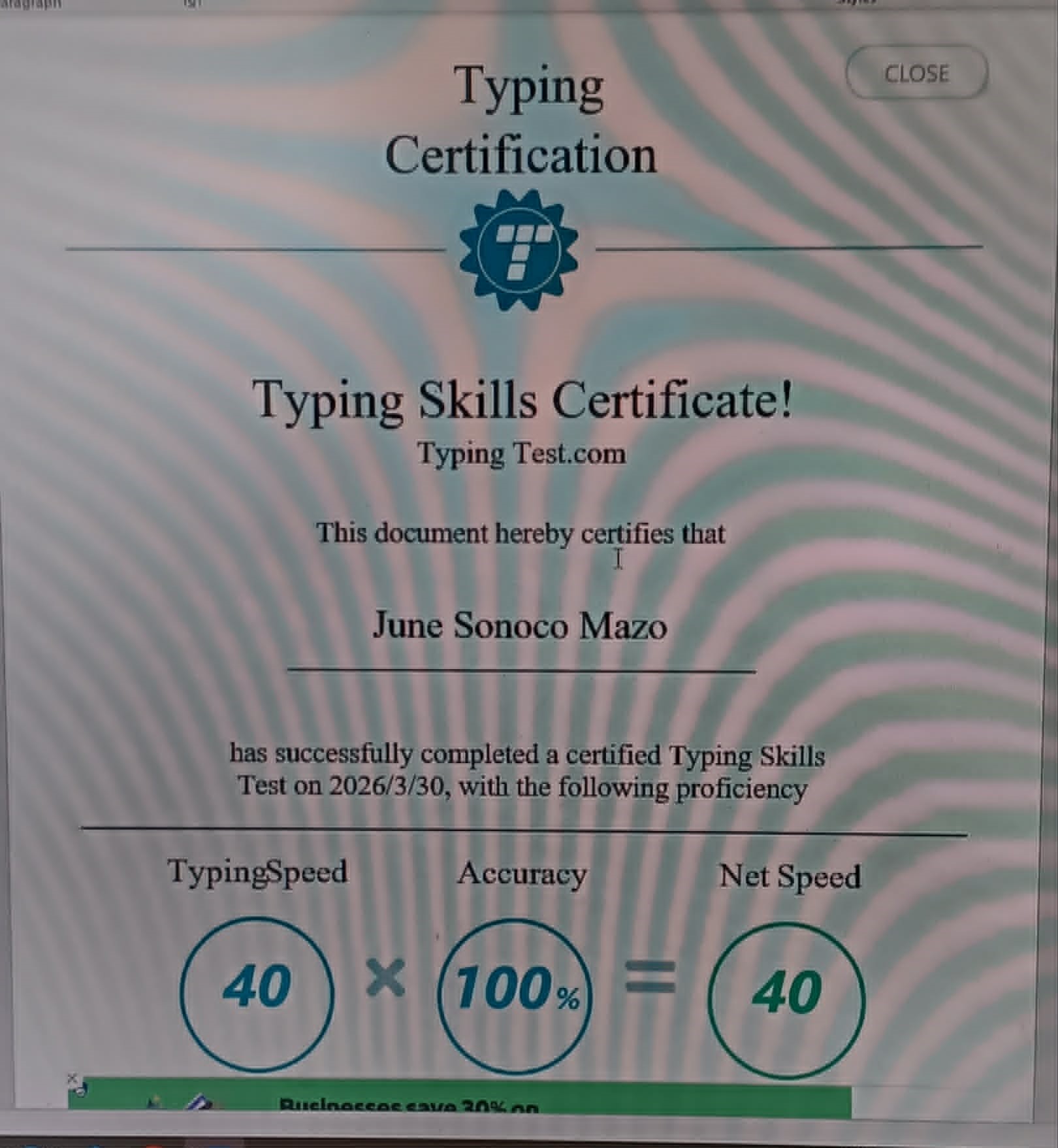 Typing Certificate