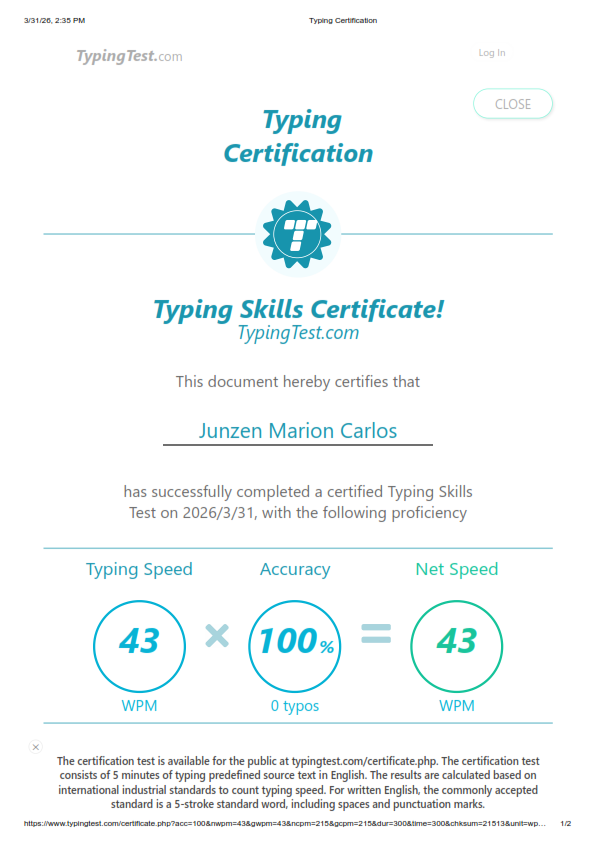 TYPING CERTIFICATE