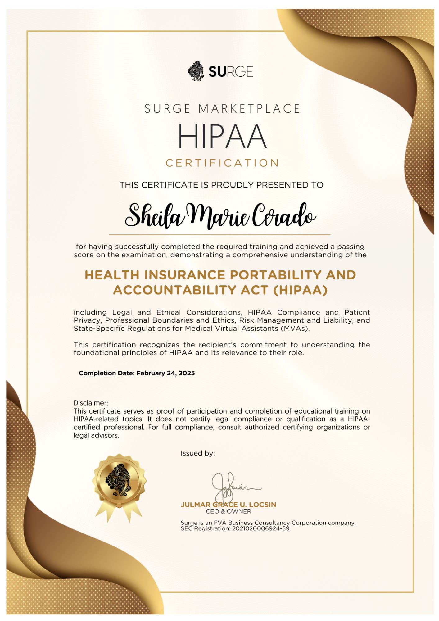 HIPAA Certificate
