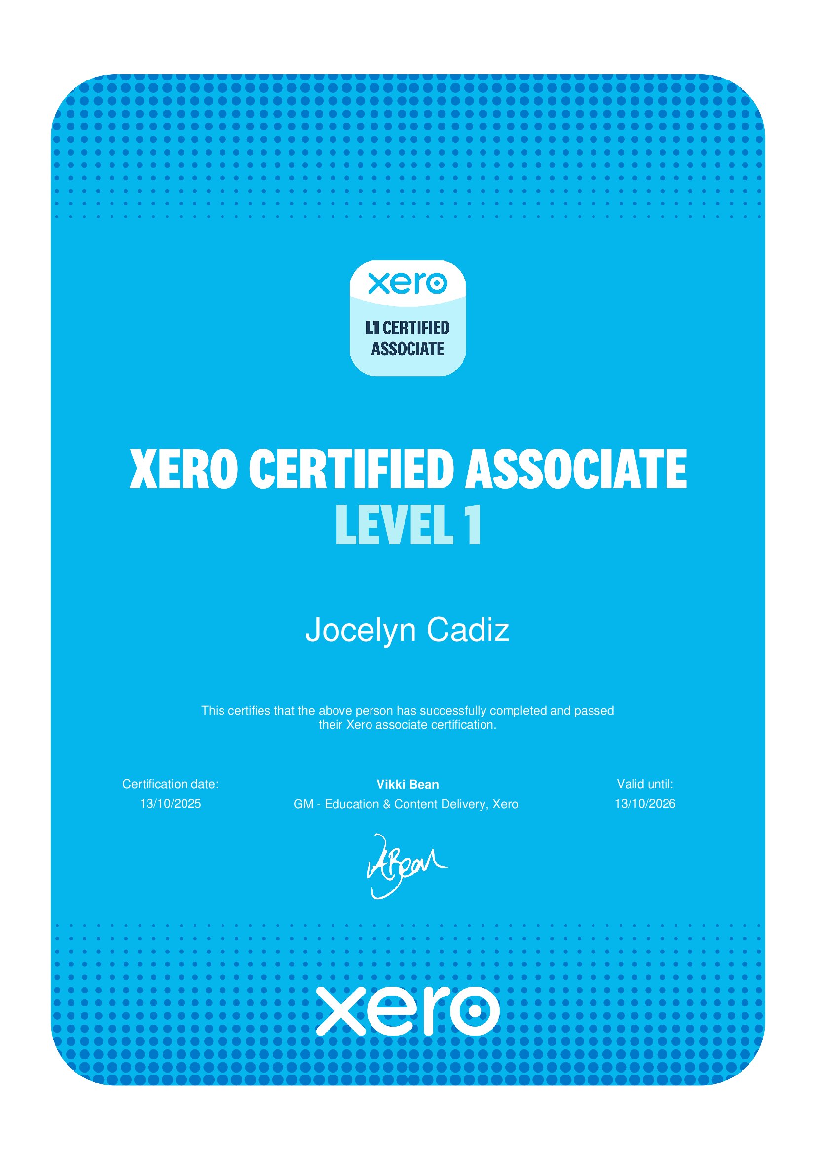 Xero Cerified Associate Level 1 Certificate