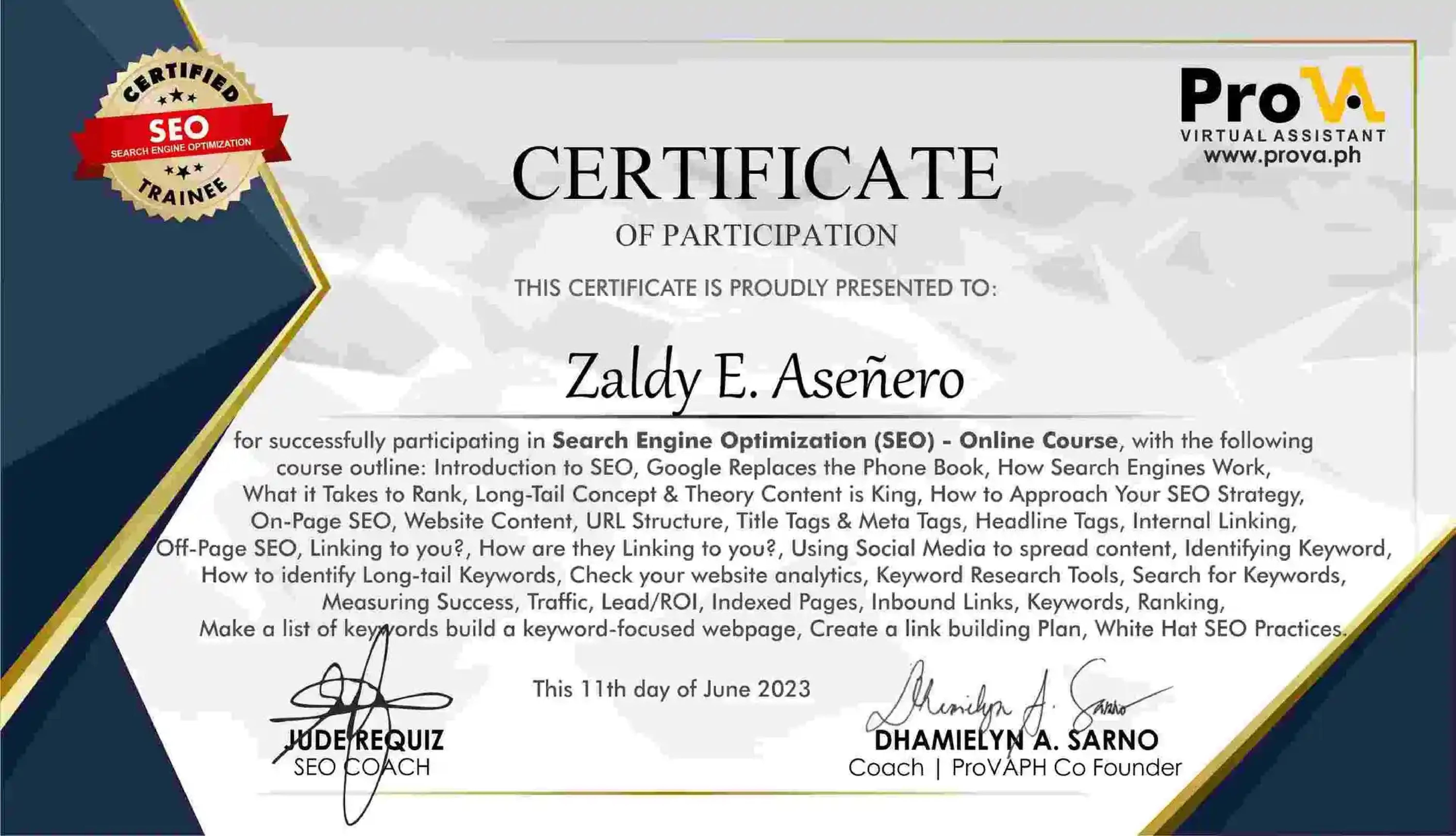 SEO Training ProVA Certificate