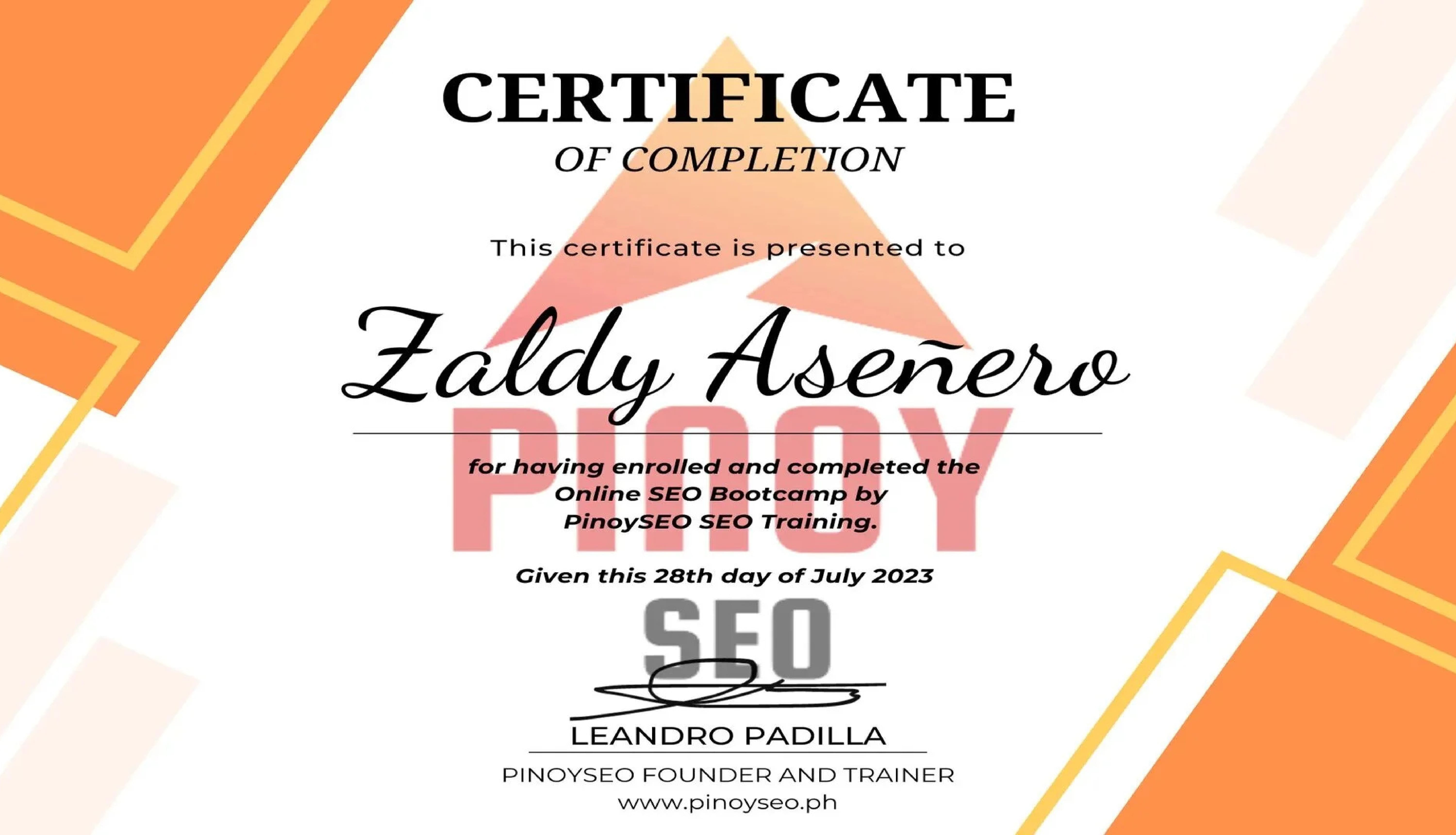 SEO Bootcamp Pinoyseo Certificate
