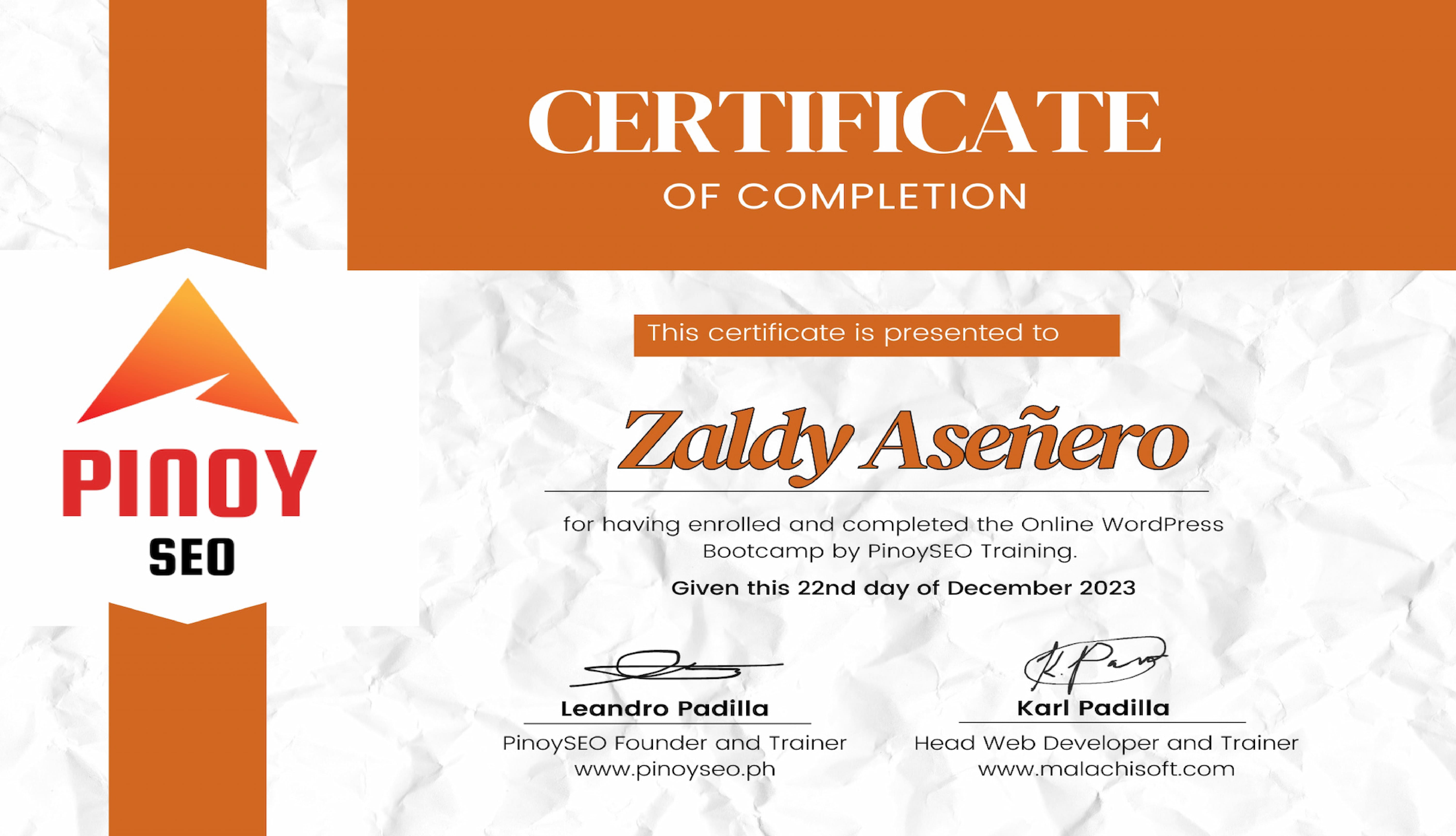 Wordpress Bootcamp Pinoyseo  Certificate