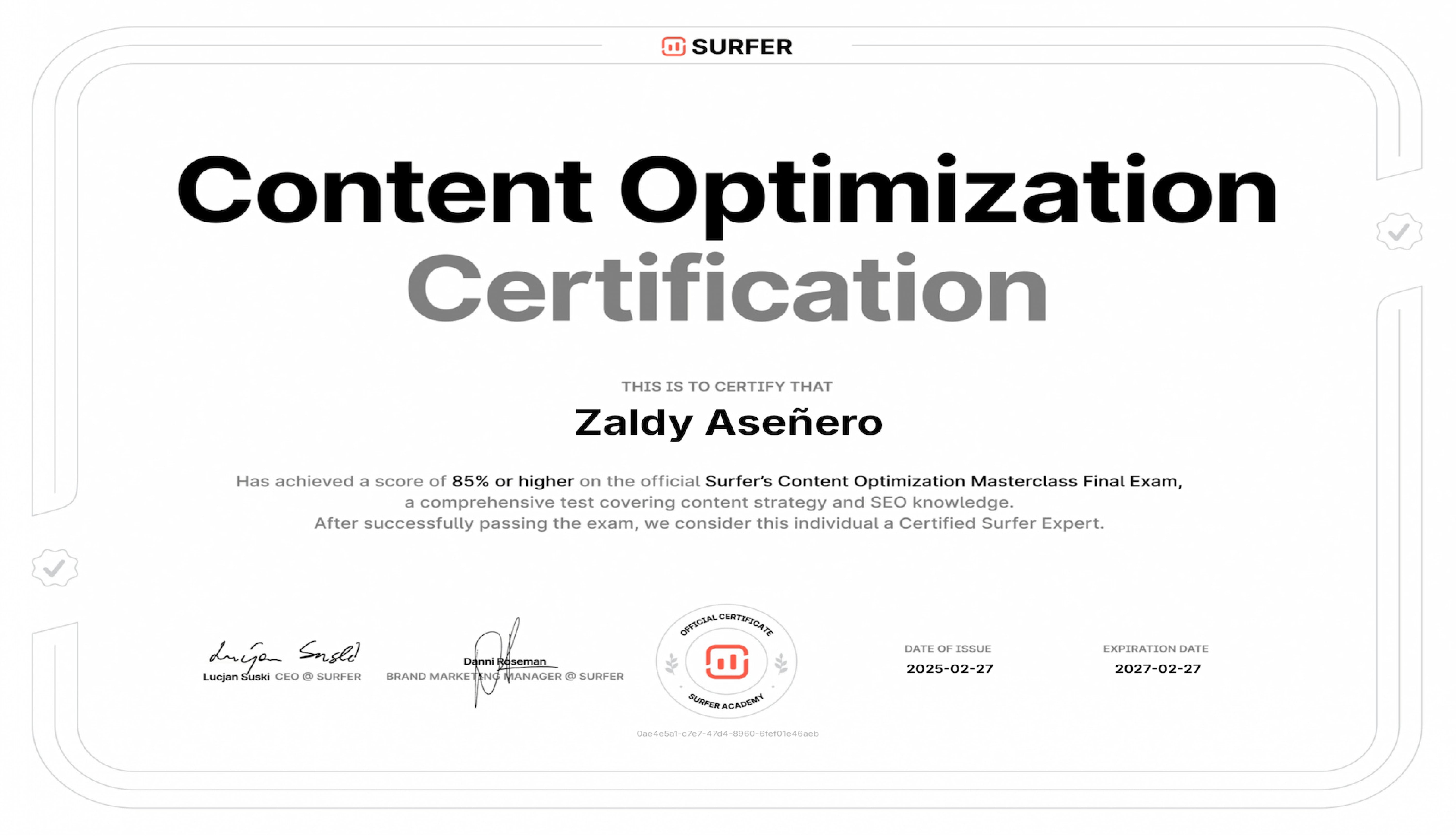 Content Optimization SEO Surfer Certificate