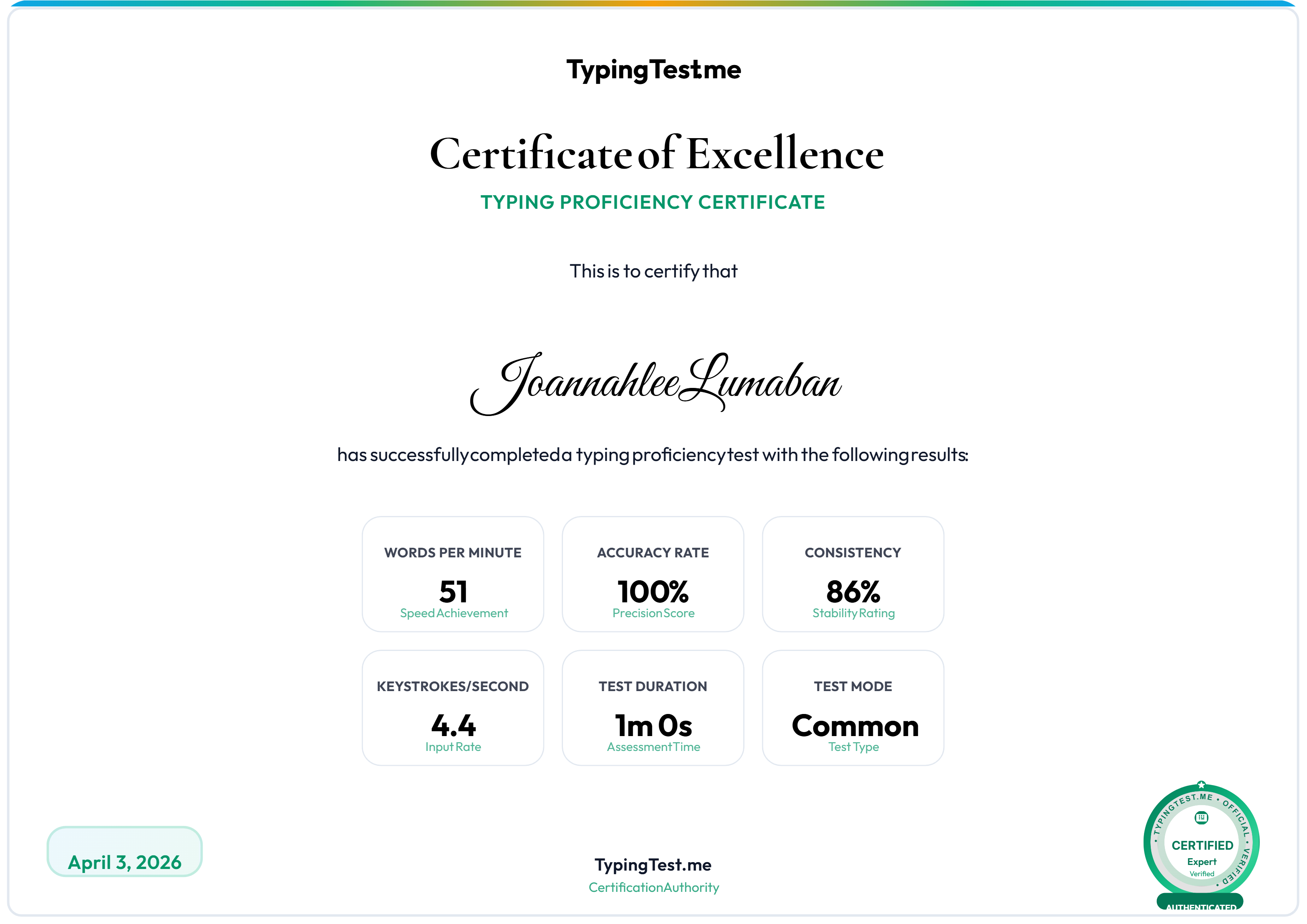 Typing Test Certificate